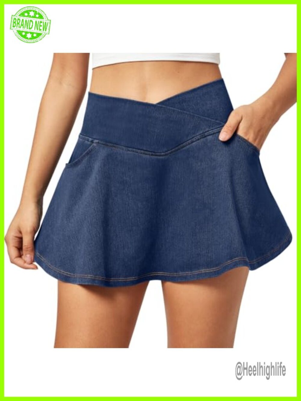 Stretchy Denim Skort V-Waist with Pockets High Waisted Mini Skirt